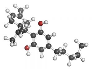 Het cannabidiol (CBD) molecuul, waarbij de rode kleur staat voor zuurstof, wit voor waterstof en grijs voor koolstof [beeld: molekuul_be/Shutterstock]