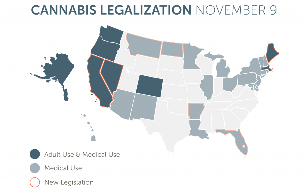 In de VS zijn rond de laatste presidentsverkiezingen vier staten bijgekomen waar cannabisgebruik - in sommige staten alleen medicinaal - is gelegaliseerd.